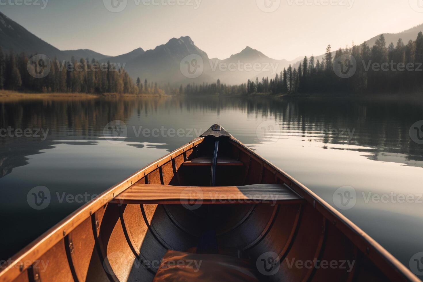 canoa flotante en un sereno montaña lago rodeado por alto pino arboles en un pacífico Mañana. ai generado foto