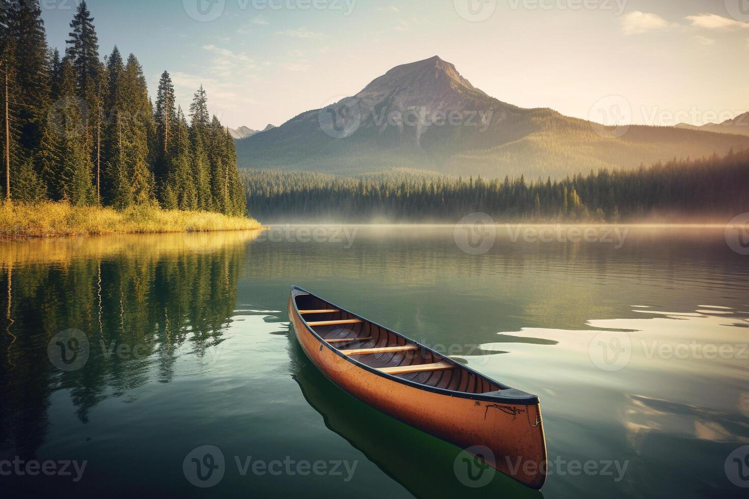 canoa flotante en un sereno montaña lago rodeado por alto pino arboles en un pacífico Mañana. ai generado foto