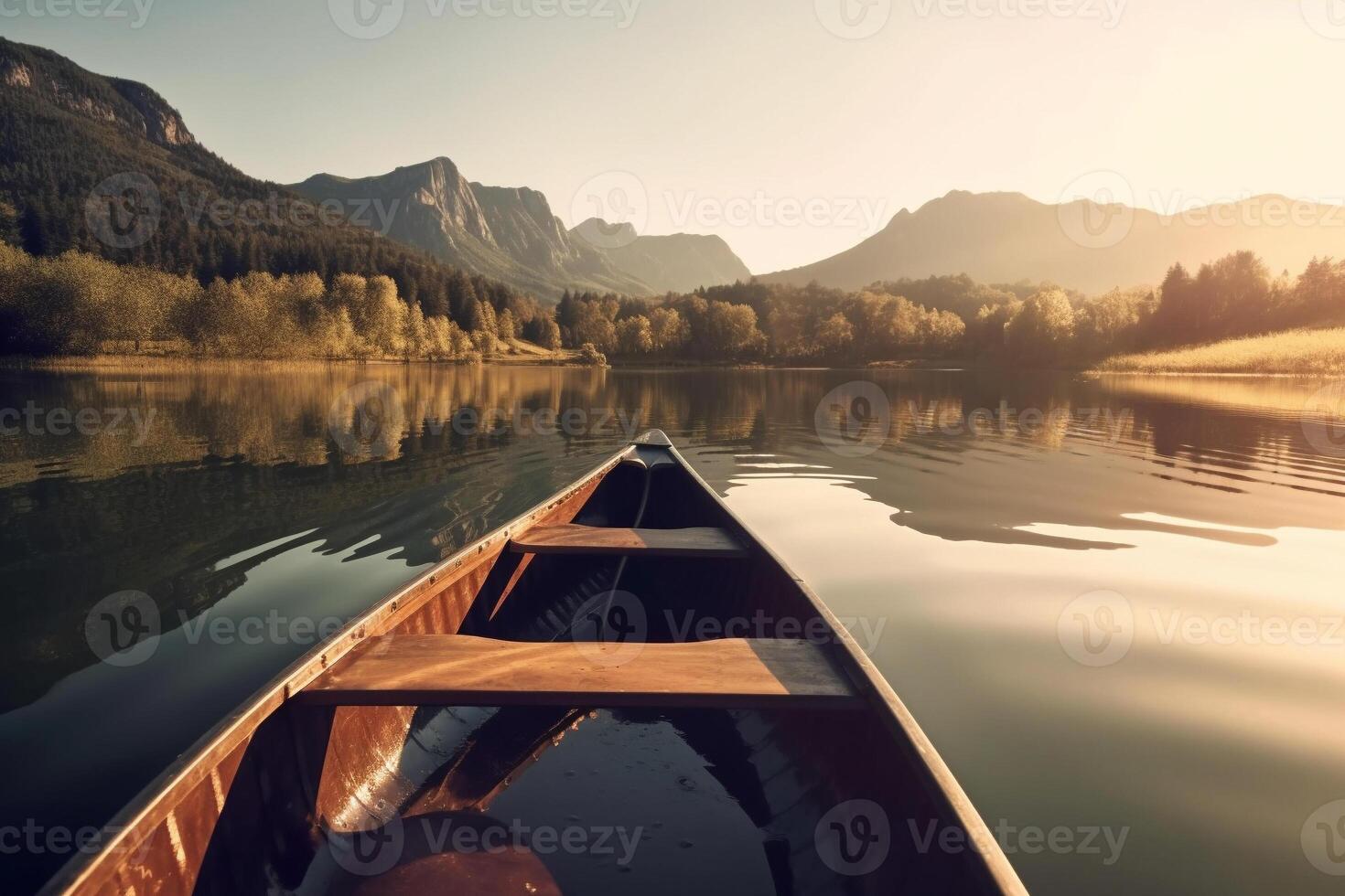 canoa flotante en un sereno montaña lago rodeado por alto pino arboles en un pacífico Mañana. ai generado foto