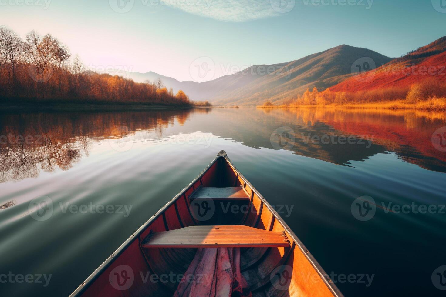 canoa flotante en un sereno montaña lago rodeado por alto pino arboles en un pacífico Mañana. ai generado foto