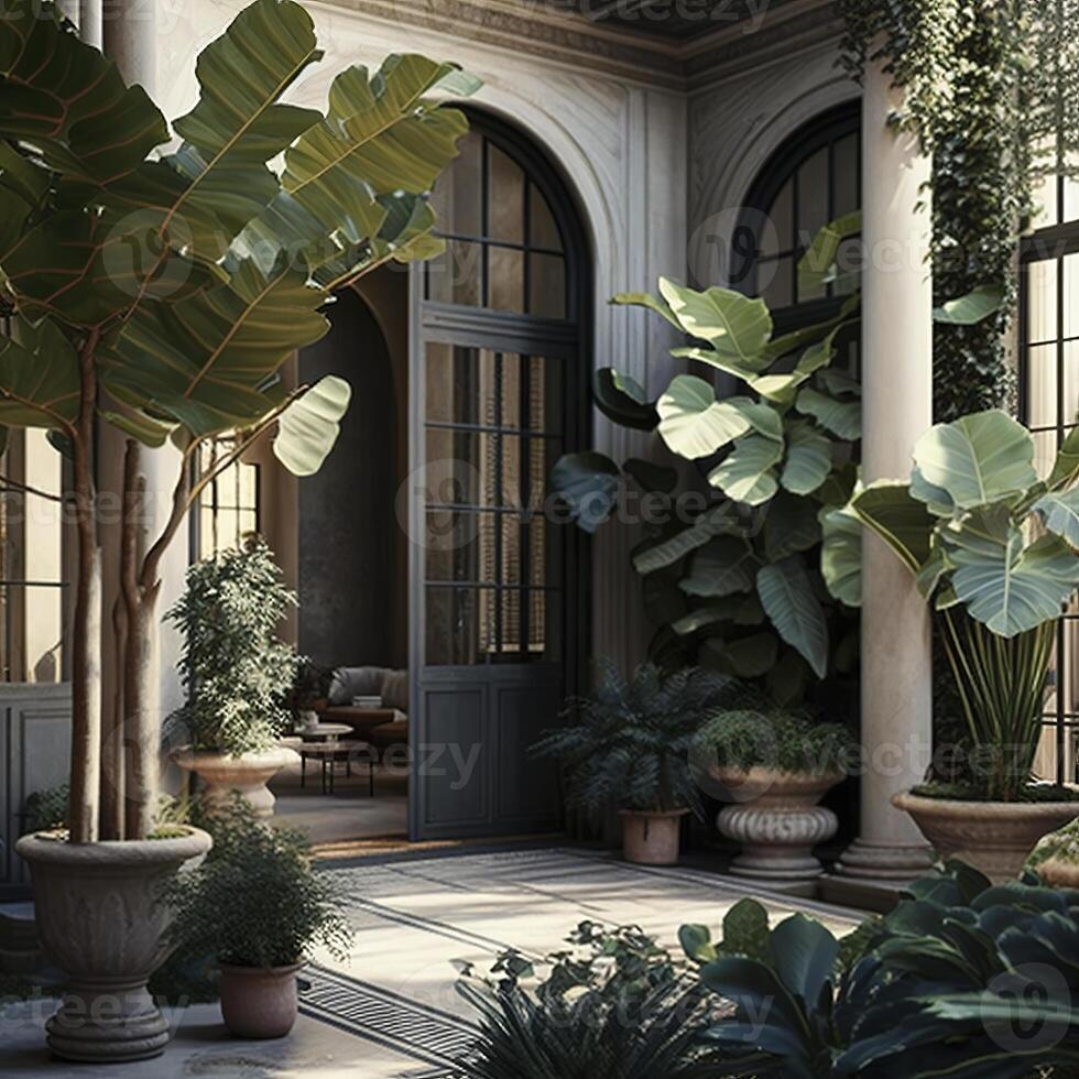 There are several gorgeous, luxuriant indoor plants on the patio. The terrace's design and landscaping ,. photo
