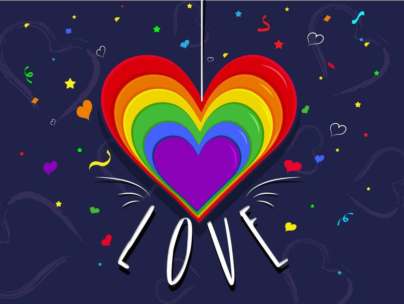 Paper Layer Cut Rainbow Heart Shape hang with Love Text and Confetti Decoration on Blue Background. vector