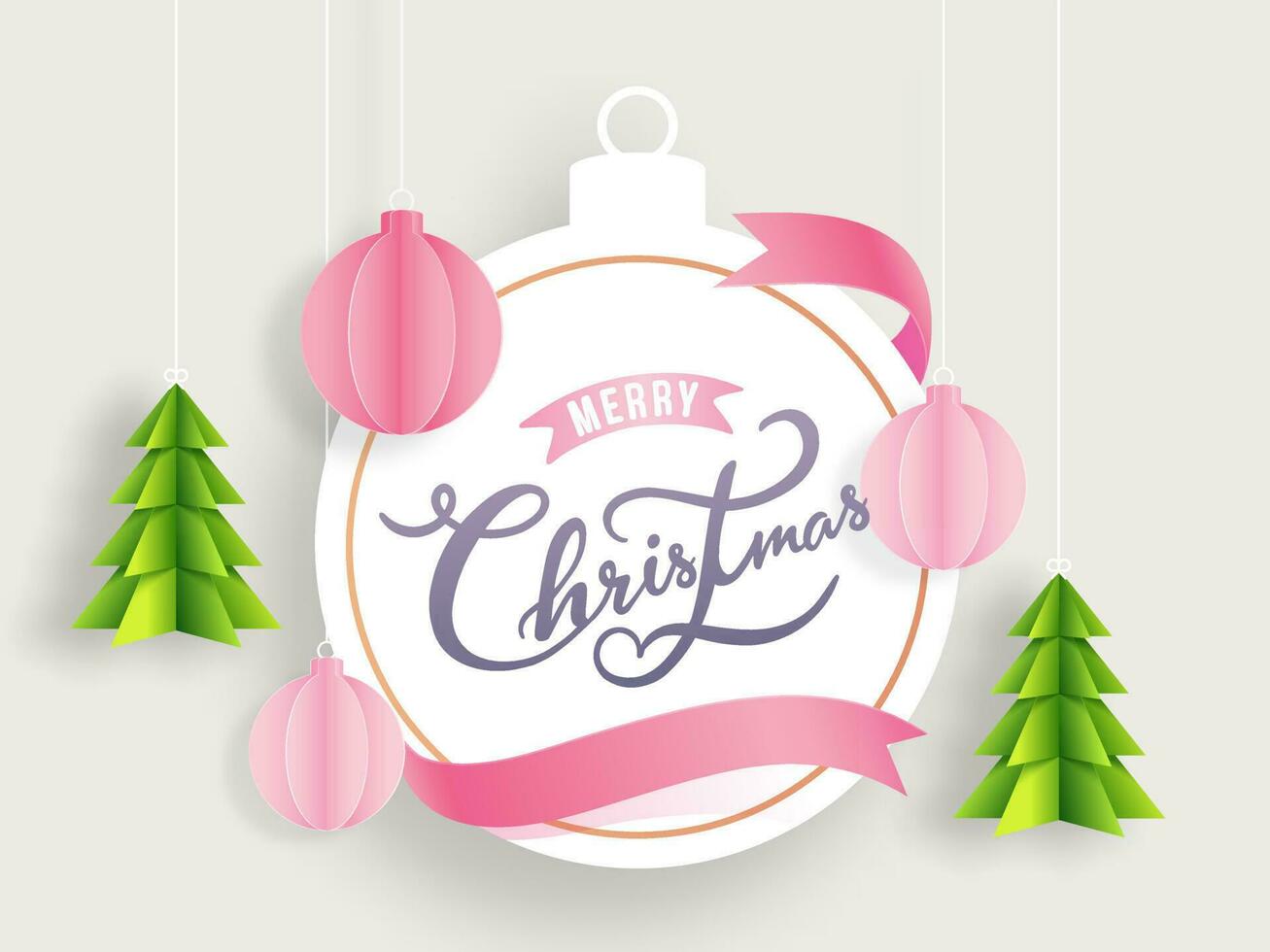 Calligraphy Merry Christmas text in bauble shape frame decorated with paper cut Xmas tree and ornament balls on white background. Can be used as greeting card design. vector