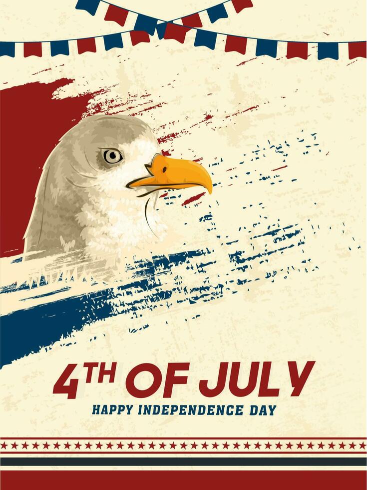 Diseño de plantilla del día de la independencia del 4 de julio con ave nacional estadounidense de águila sobre fondo de trazo de pincel decorado con banderas empavesadas. vector