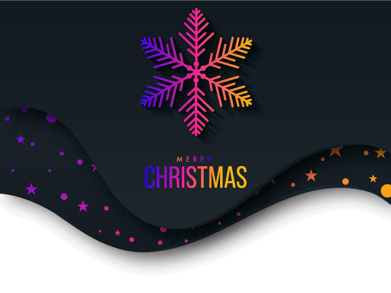 degradado alegre Navidad texto con copo de nieve y estrellas en papel cortar negro y blanco antecedentes. vector