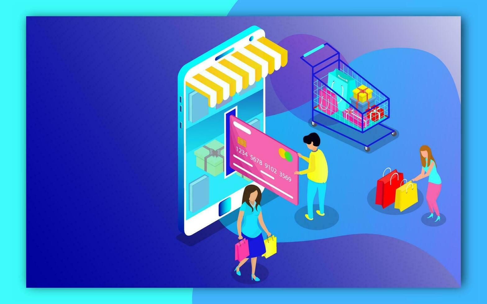 3D illustration of user online shopping and payment by mobile shop with shopping cart on abstract background. vector