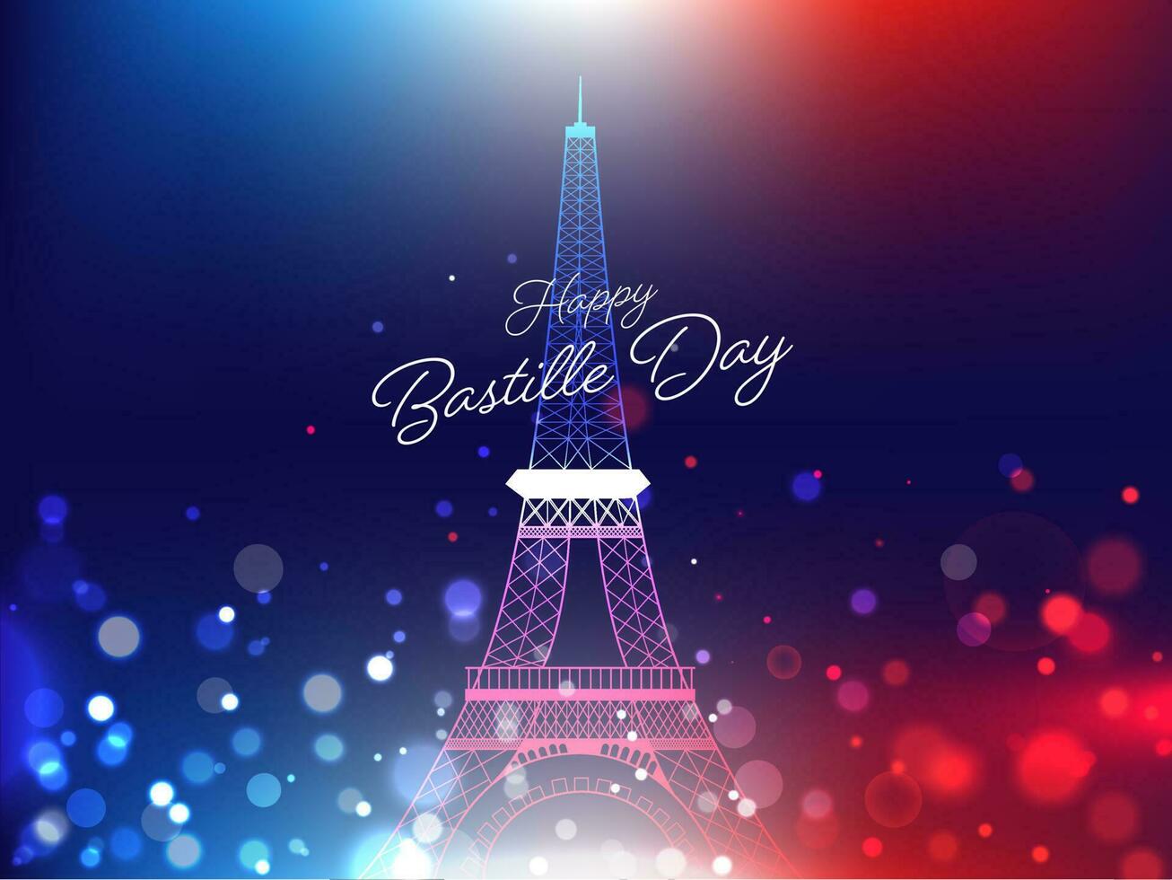 Happy Bastille Day Celebration Concept with Eiffel Tower Monument on Abstract Bokeh Lights Effect Background. vector