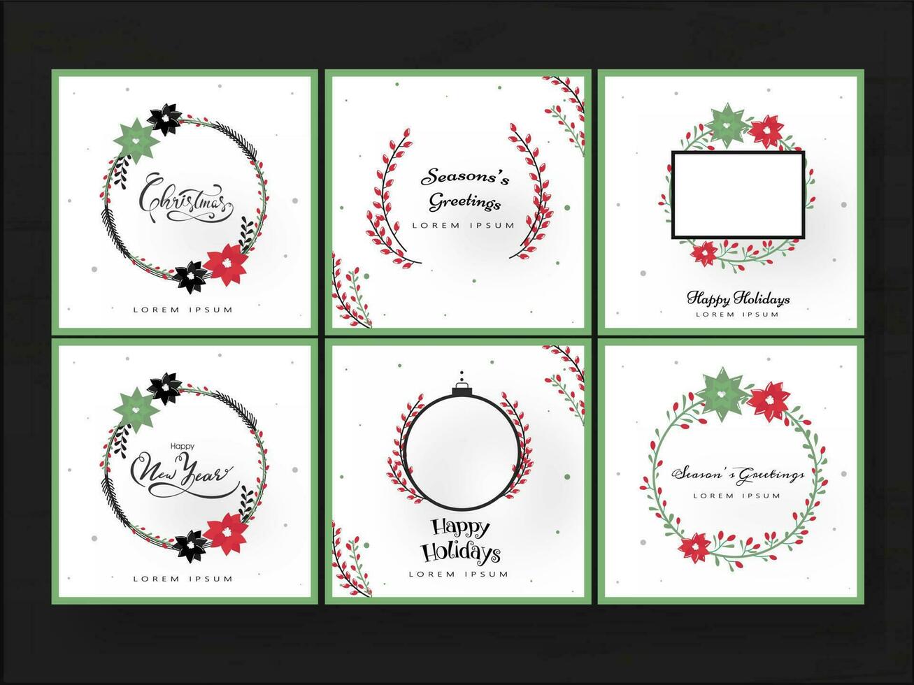 Set of greeting card or poster design with floral frame for Christmas, Season's, Happy Holiday, New Year celebration. vector