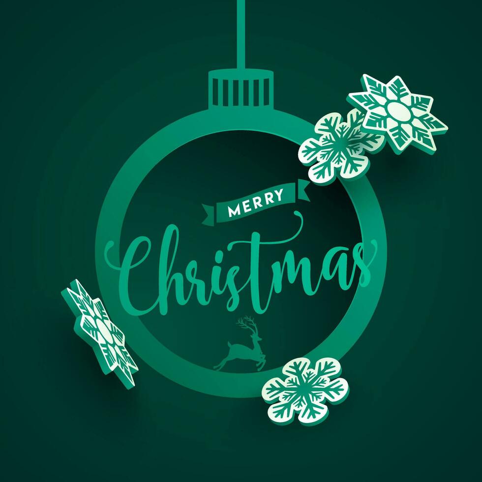 Calligraphy of Merry Christmas on green bauble shape greeting card design decorated with 3d paper snowflakes. vector