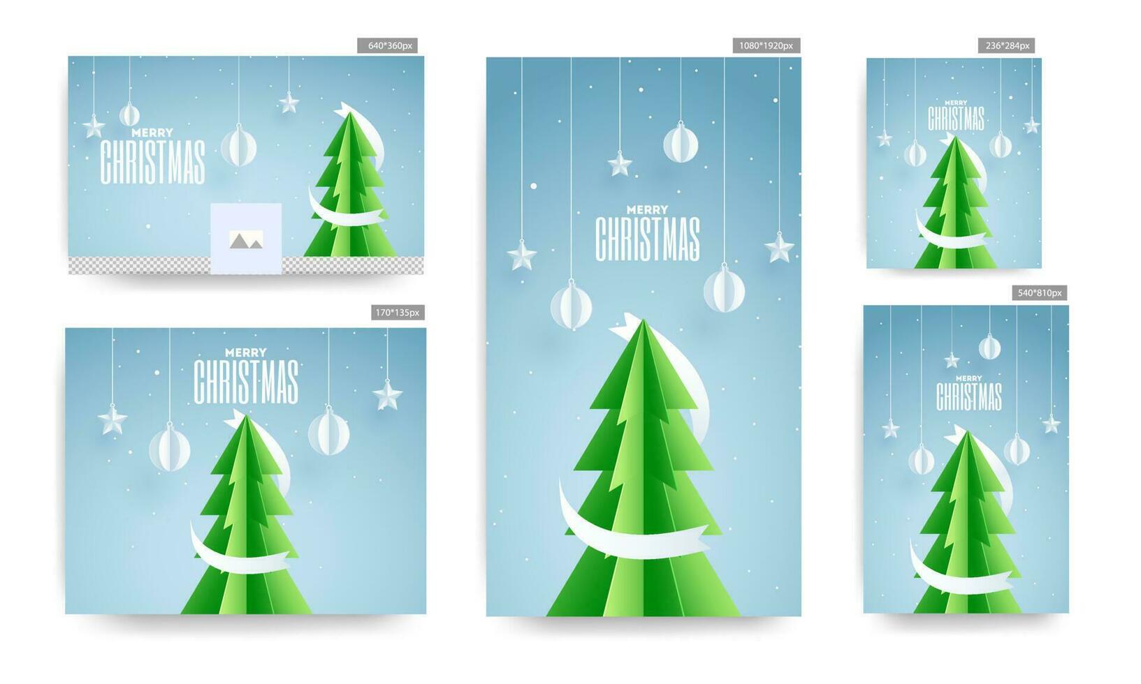 Social Media poster and template design set with paper cut xmas tree, hanging baubles and stars decorated on blue background for Merry Christmas celebration. vector