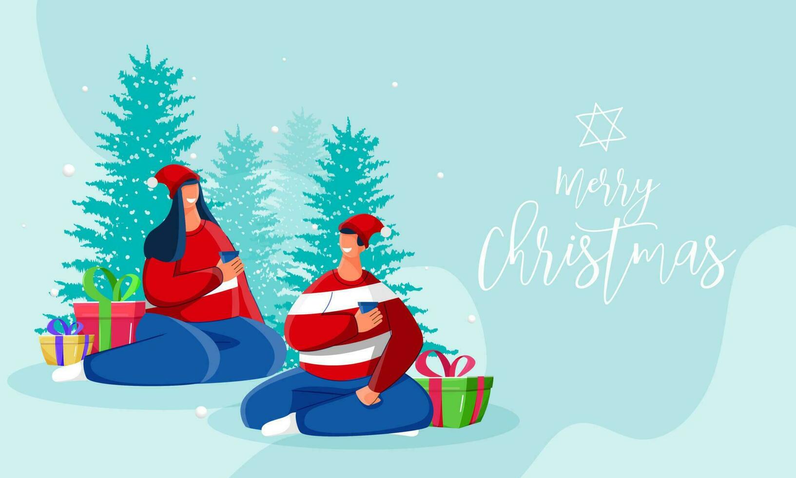 Merry Christmas celebration greeting card design with happy couple character enjoying drink, gift boxes and Xmas tree on blue background. vector