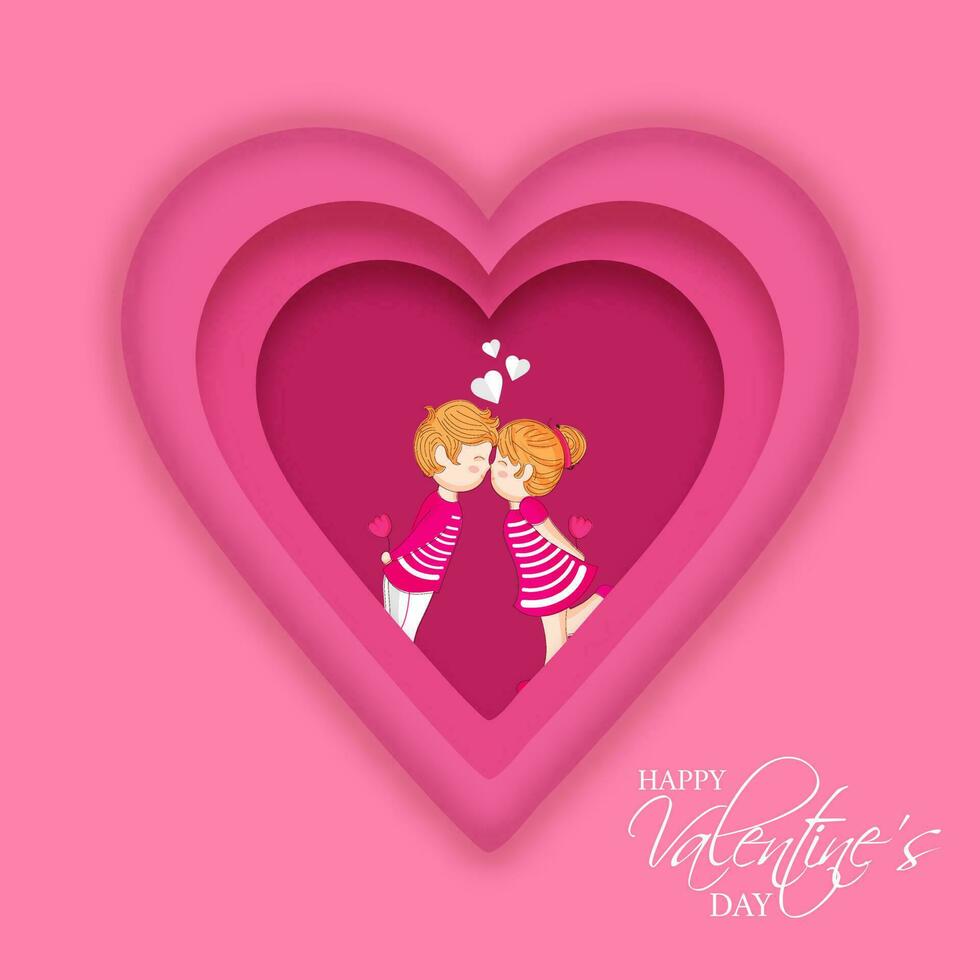 Pink Heart Shape Greeting Card Design with Cute Loving Couple Character on the Occasion of Happy Valentine's Day. vector