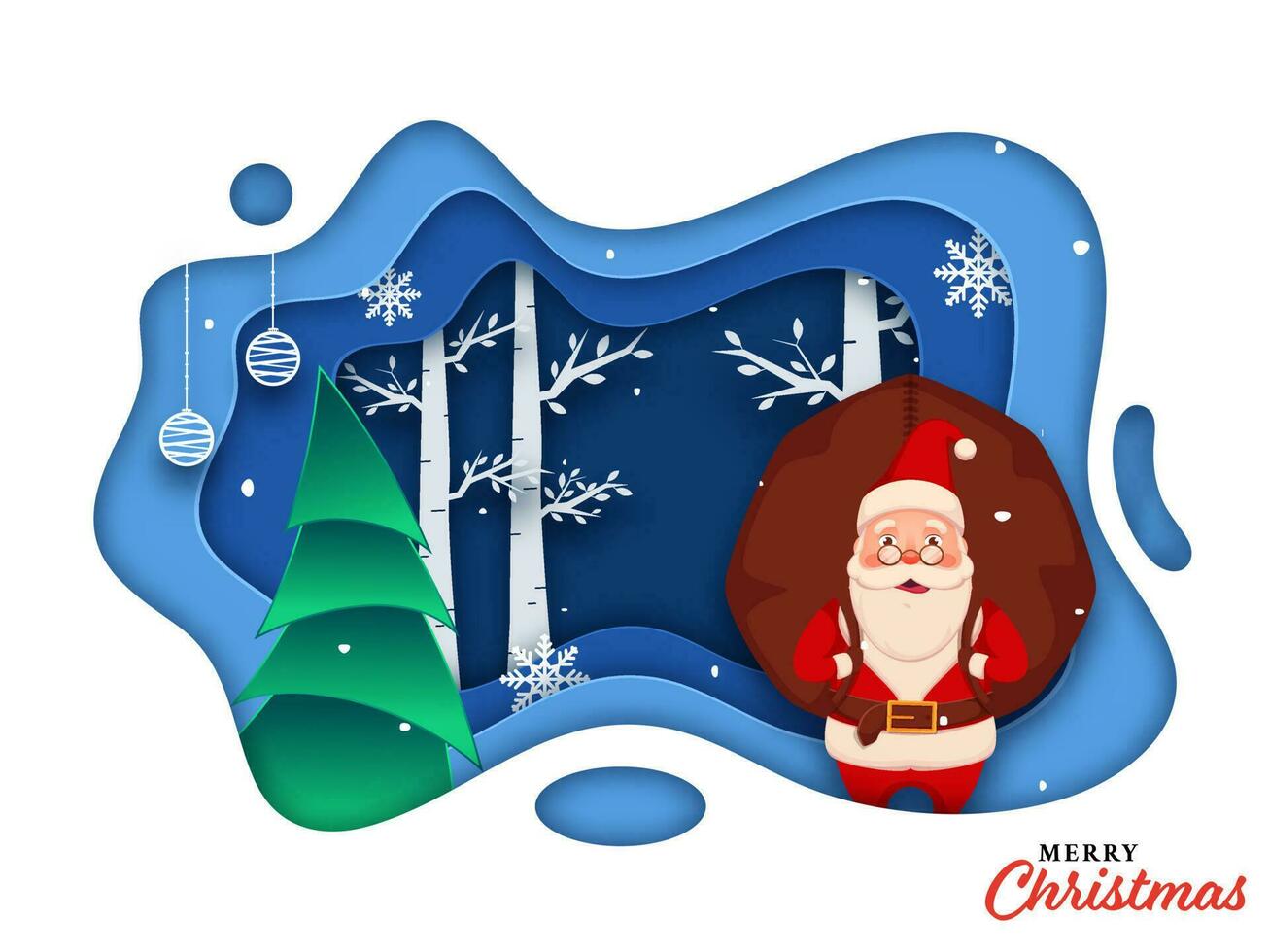 Cartoon Santa Claus Lifting a Heavy Sack with Xmas Tree, Snowflakes and Hanging Baubles on Paper Layer Cut Background for Merry Christmas Celebration. vector