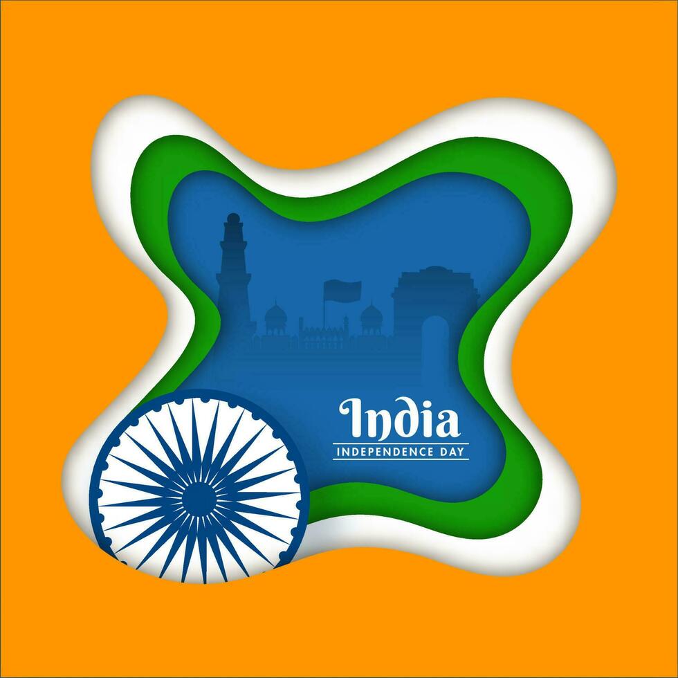 Indian Flag Color Paper Cut Background with Ashoka Wheel and Blue Silhouette India Famous Monuments for Independence Day Concept. vector