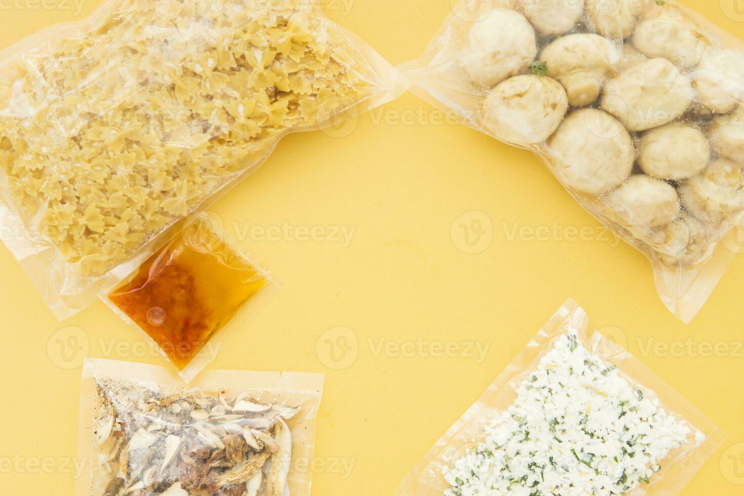 Set of products for cooking Farfalle with mushrooms and truffle. Set for delivering food for dinner. Cooking at home, home cooking. Flat lay. photo