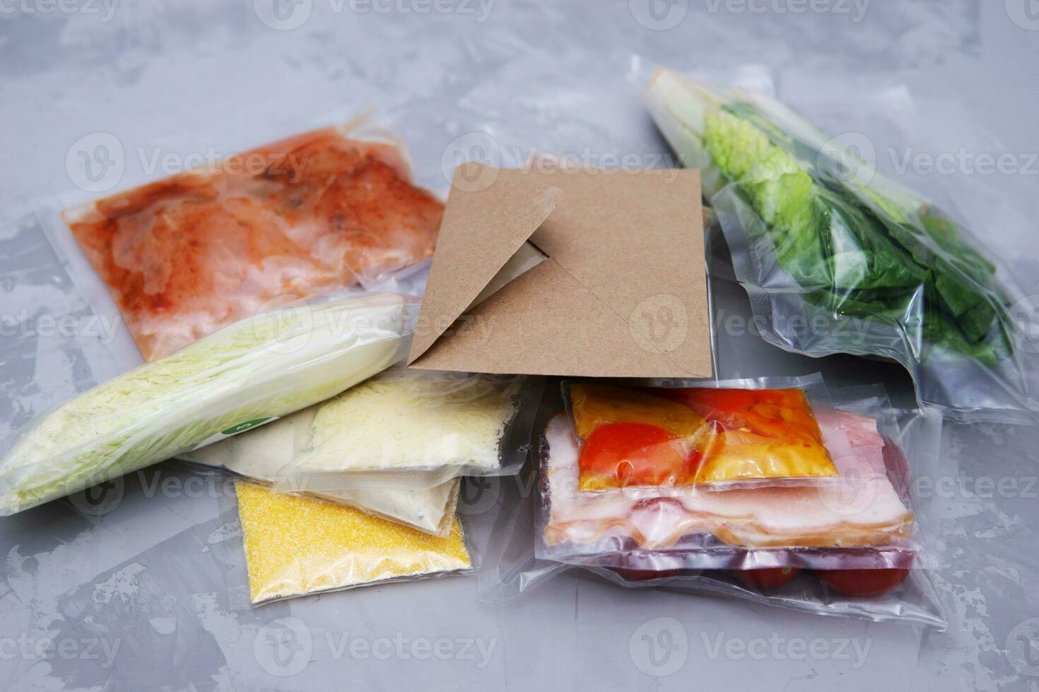 A set for delivering food for dinner on a gray background. I cook at home. photo