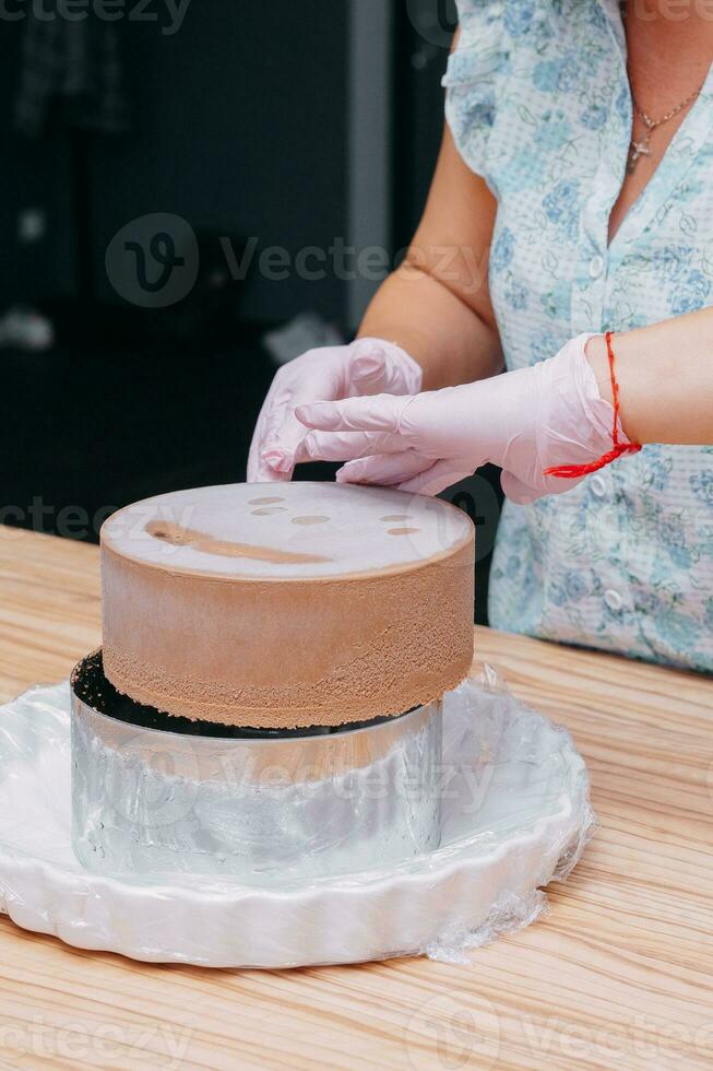 Cooking mousse cake at a cooking class. Cooking at home, home-made food. Confectioner photo