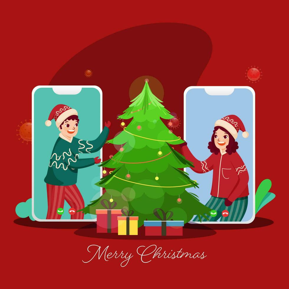 Cheerful Kids Talking To Each Other On Video Call With Decorative Xmas Tree And Gift Boxes For Merry Christmas Celebration. vector