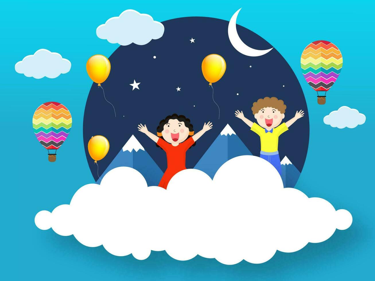 Enjoying little boy and girl character with mountains and balloons on half moon night background for Happy Children's Day celebration. vector