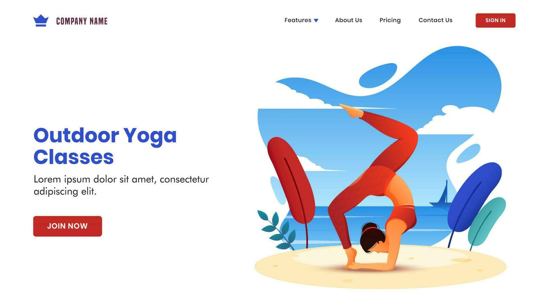 Outdoor Yoga Classes concept based landing page design with young woman doing exercise in chakra asana pose on beach view background. vector