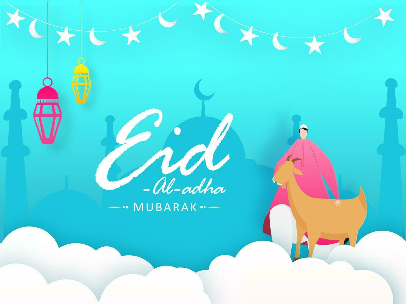 Eid al-Adha Mubarak festival celebracion póster o bandera diseño con dibujos animados personaje de islámico hombre y cabra en frente de mezquita silueta. vector