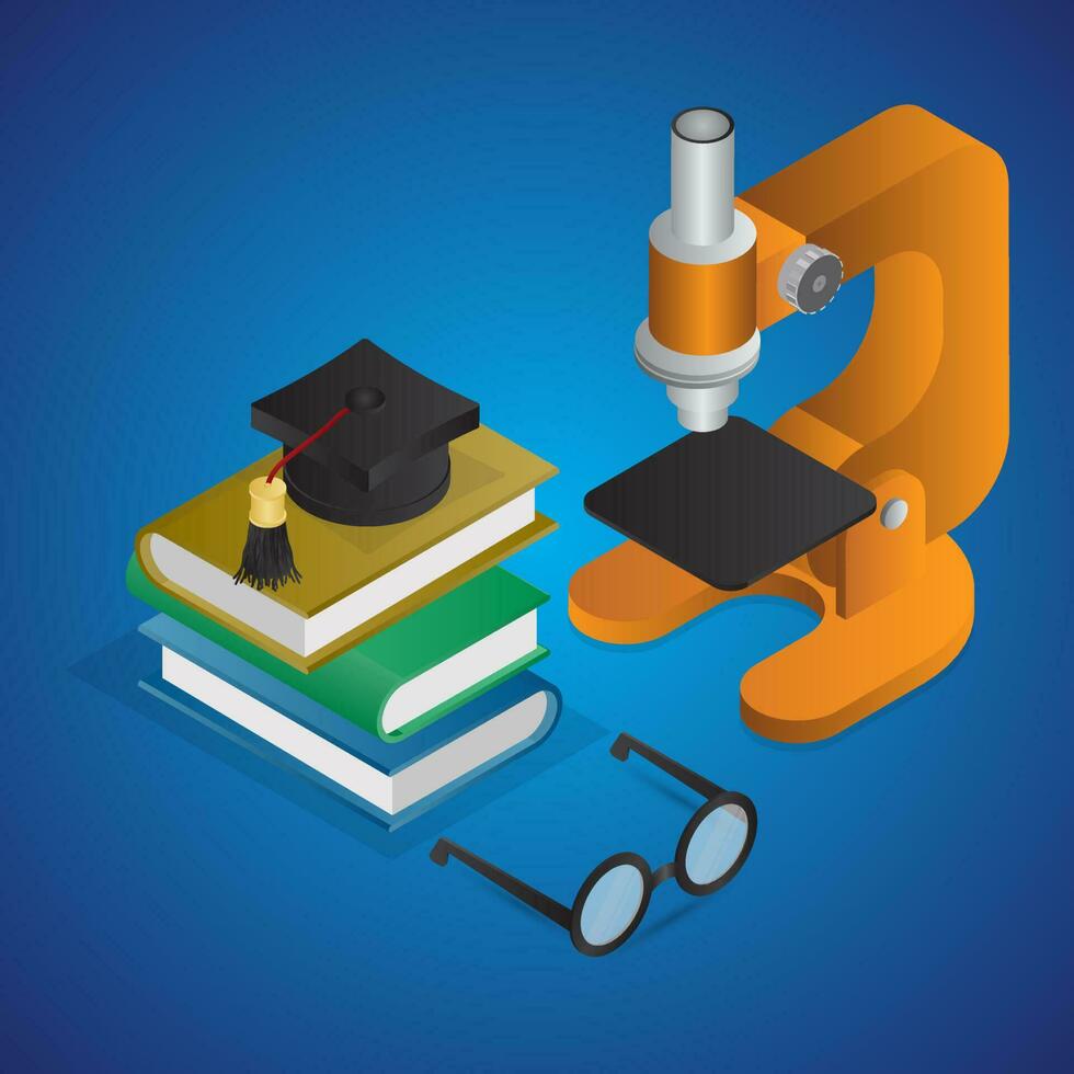 Realistic Education Object like as Books with Graduation Cap, Microscope and Eyeglasses on blue background. vector