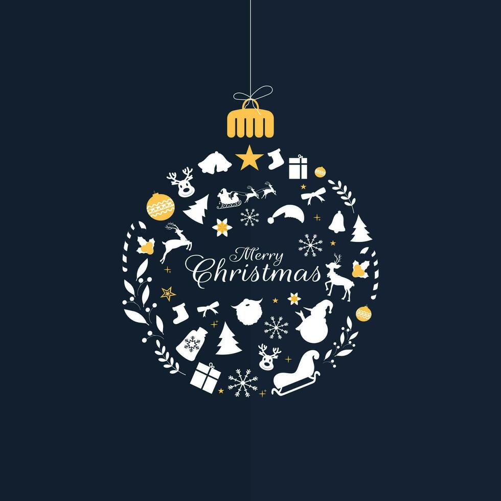 caligrafía de alegre Navidad con colgando chuchería hecho por Navidad festival elementos en azul antecedentes. lata ser usado como saludo tarjeta diseño. vector