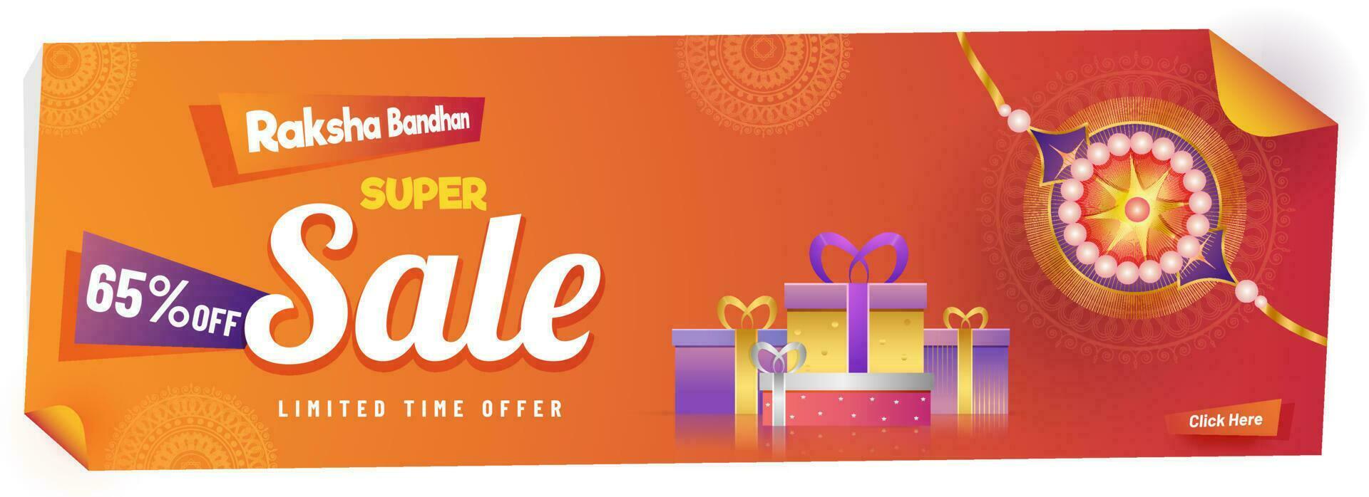 Curled paper style, sale header or banner design with discount offer and illustration of rakhi, gift boxes. vector