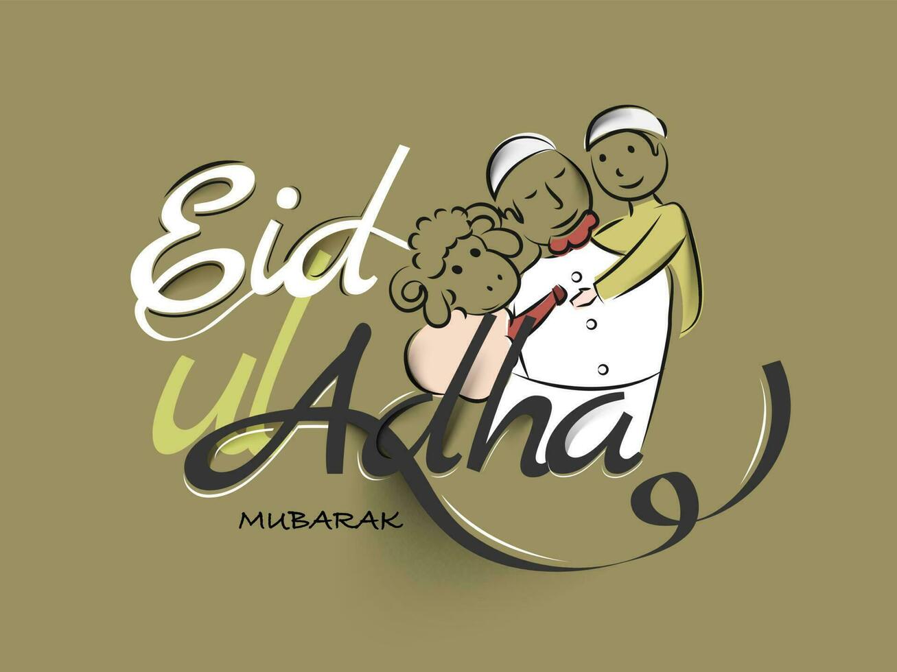 Stylish text of Eid-Al-Adha with illustration of father carrying his son in his lap on brown background. Poster or banner design for Islamic Festival of Sacrifice. vector