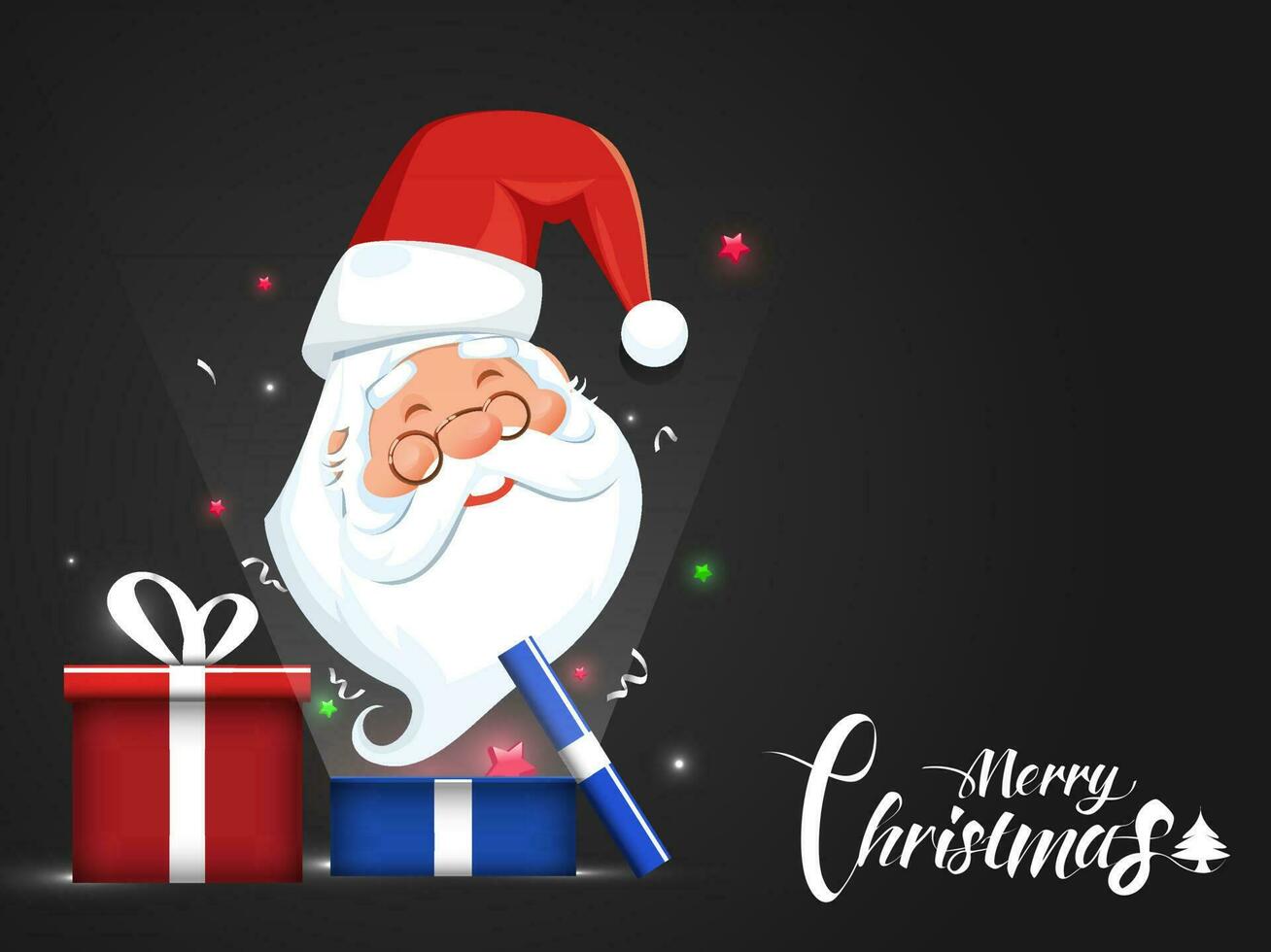 Merry Christmas greeting card or poster design with illustration of cute santa face and surprise gift box on black background. vector