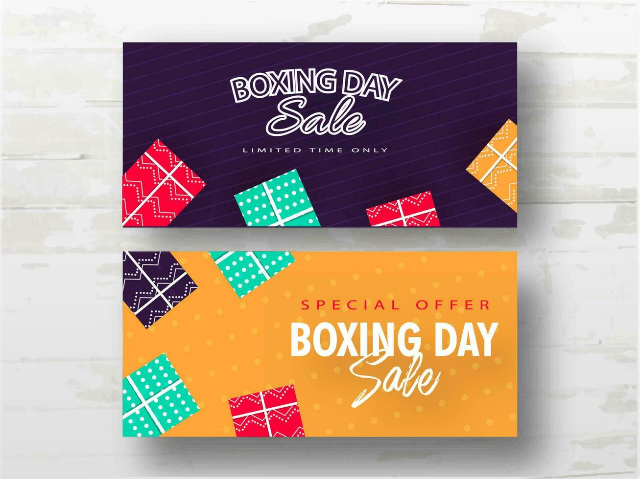 Boxing Day Sale banner design decorated with gift boxes in two color option on white wooden background. vector
