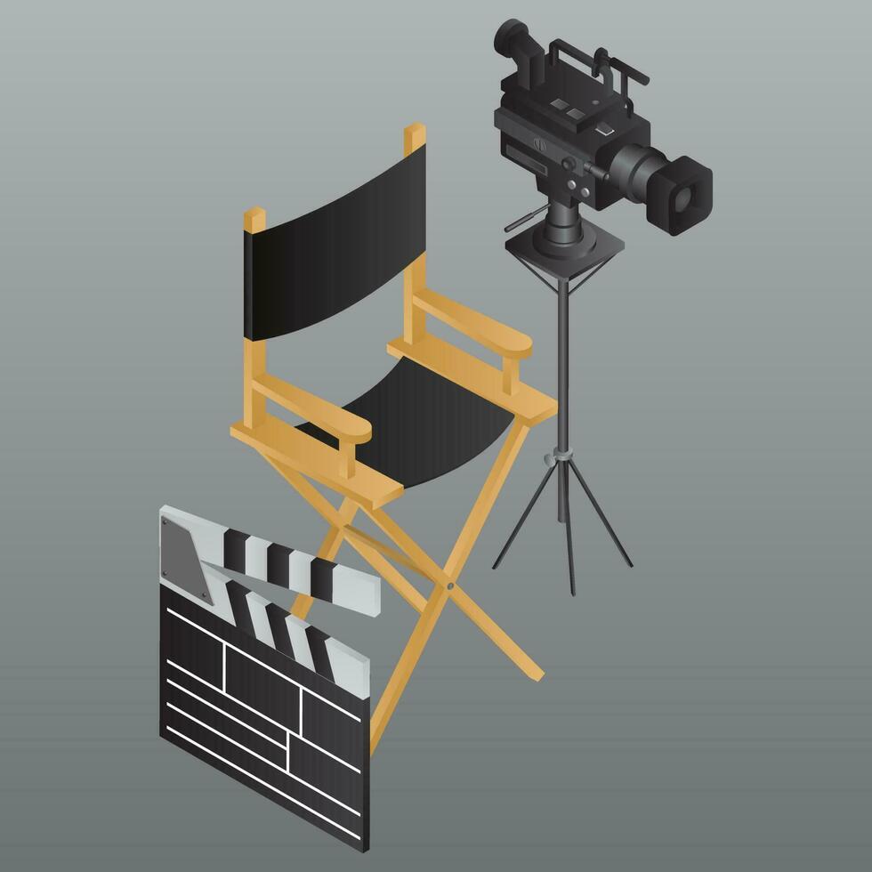 3D illustration of clapper board with director chair and video camera on grey background. vector