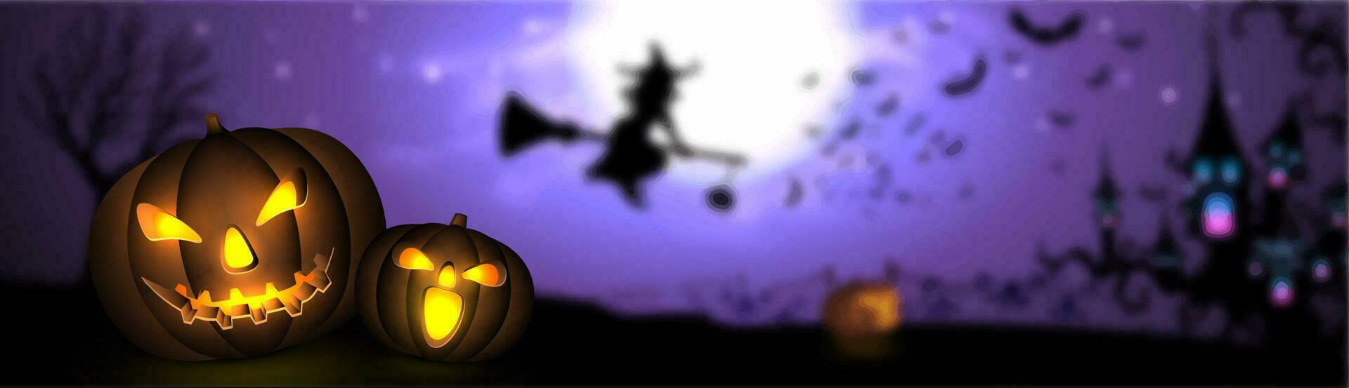 Full moon night header or banner design with haunted house scary jack-o-lanterns on blurred purple background for Happy Halloween party celebration. vector