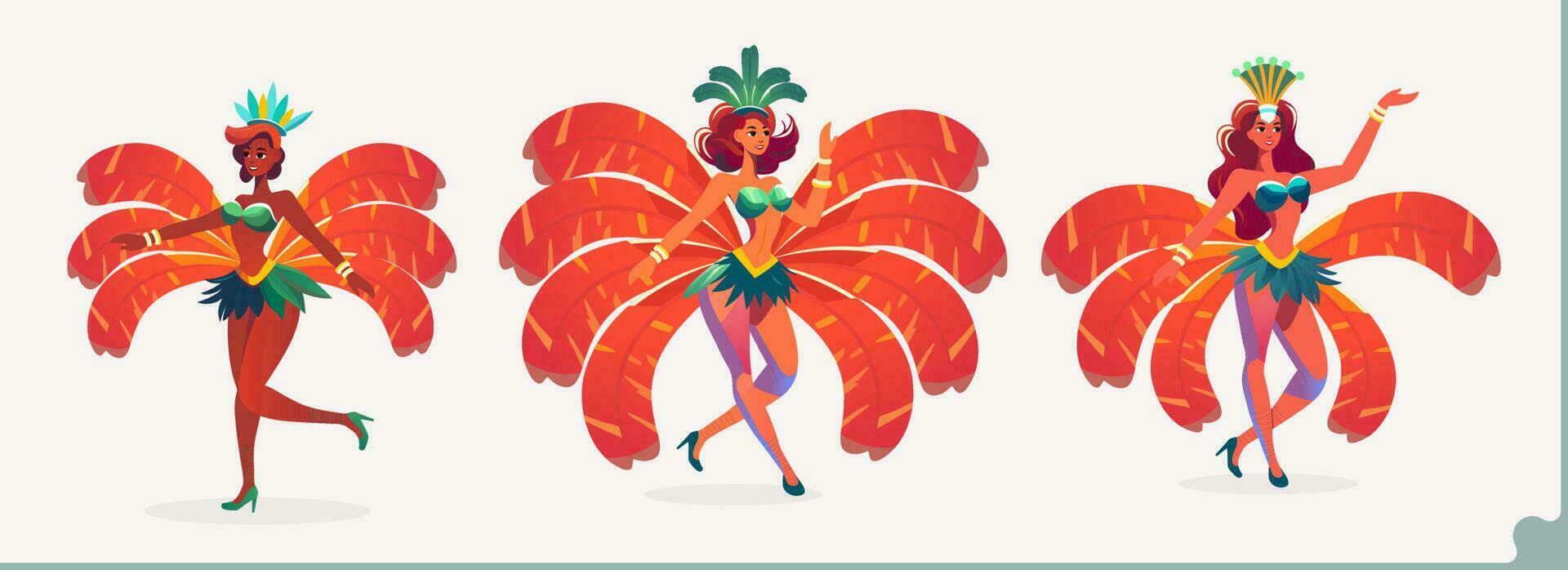 Beautiful Samba Female Dancers Character Standing In Dancing Pose. vector