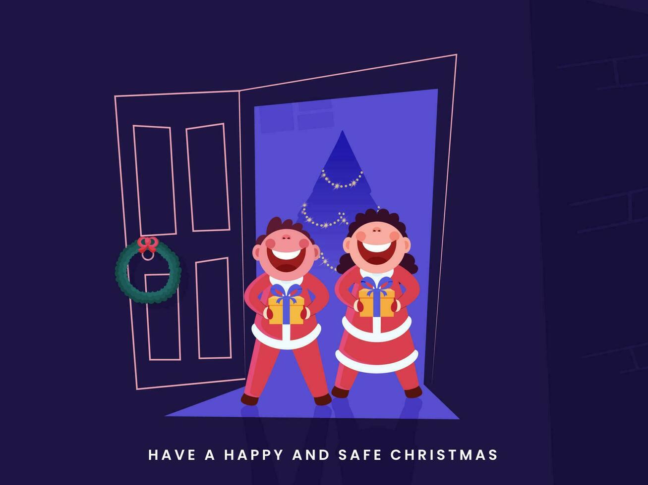 Cheerful Kids Holding Gift Box At Door With Decorative Xmas Tree For Happy and Safe Christmas Celebrate. vector