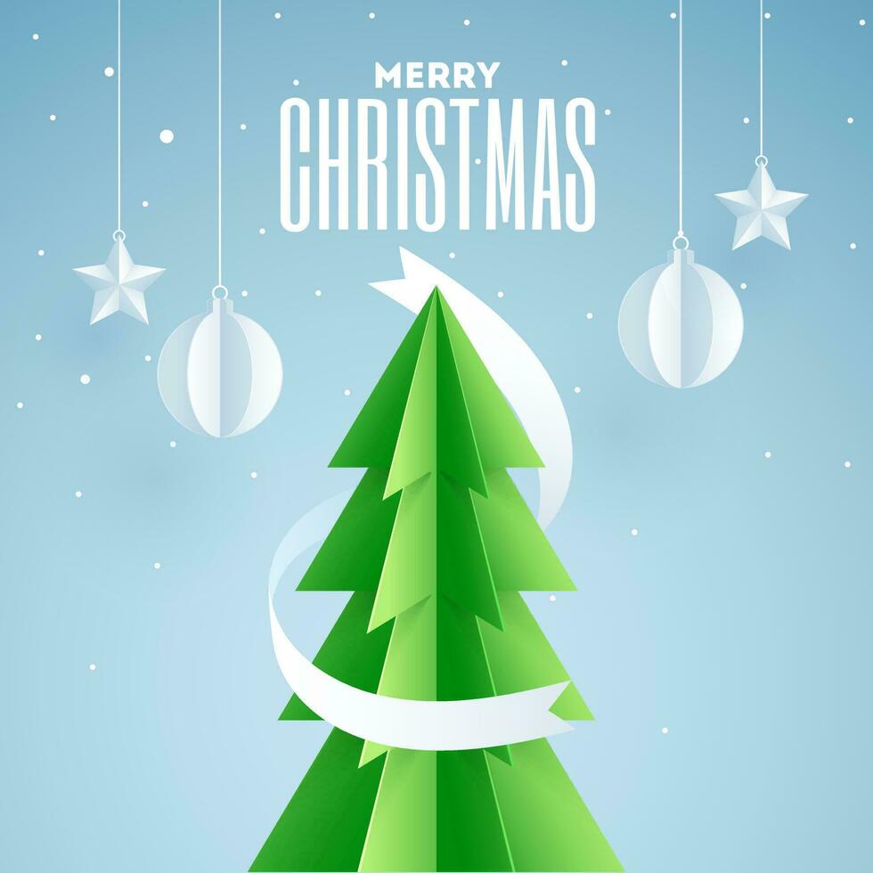 Paper cut xmas tree with hanging baubles and stars decorated on blue background for Merry Christmas celebration. Can be used as greeting card design. vector