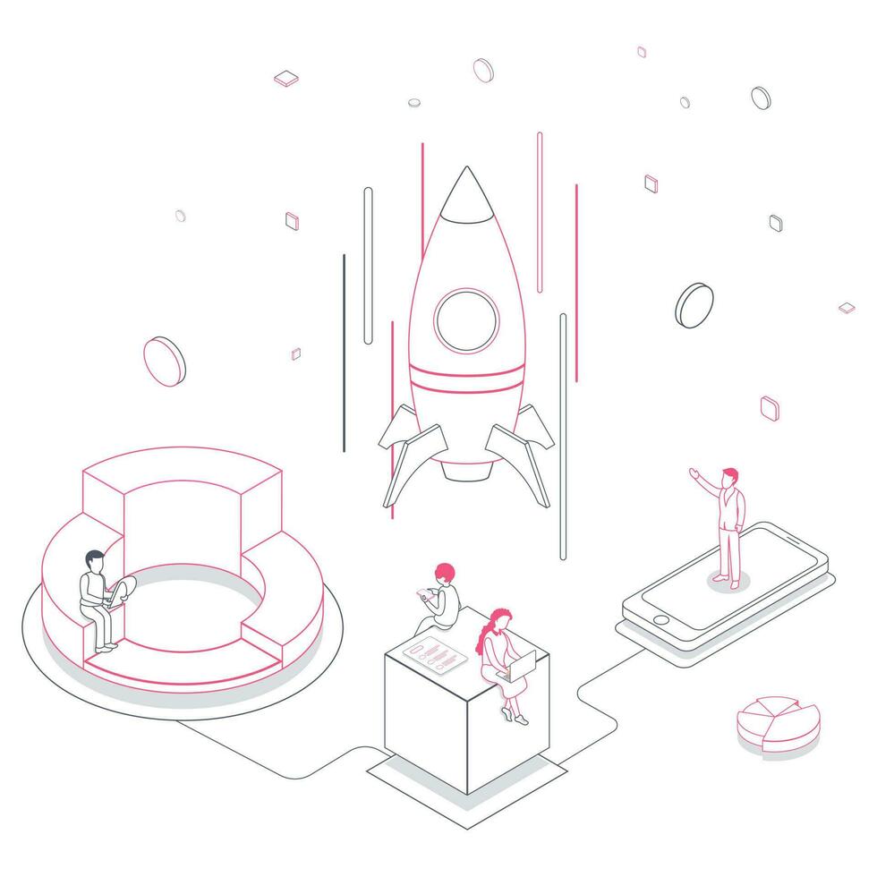 Line art illustration of business people launching a successful rocket with laptop, smartphone and infographic elements on white background. vector