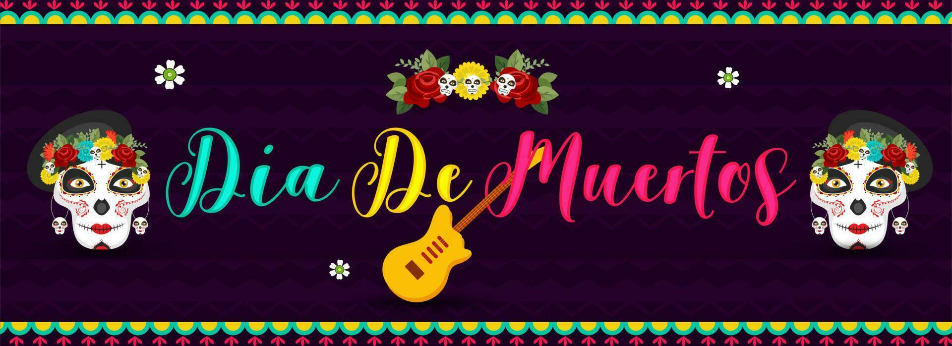 Colorful calligraphy of Dia De Muertos with sugar skulls or calaveras and guitar on purple wavy striped background. Header or banner design. vector