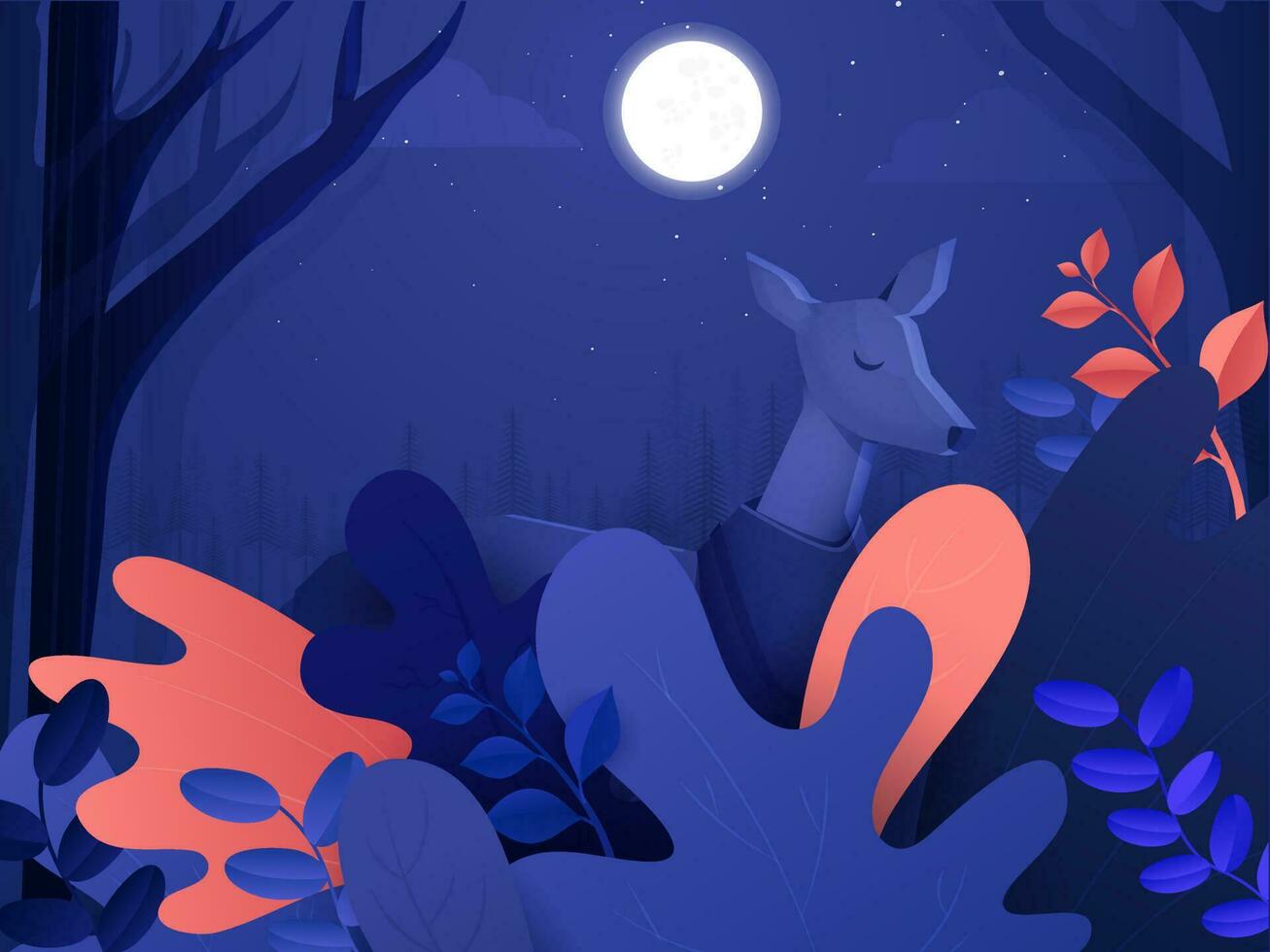 Cartoon Animal Deer Standing on Beautiful Forest with Full Moon Night purple background. vector