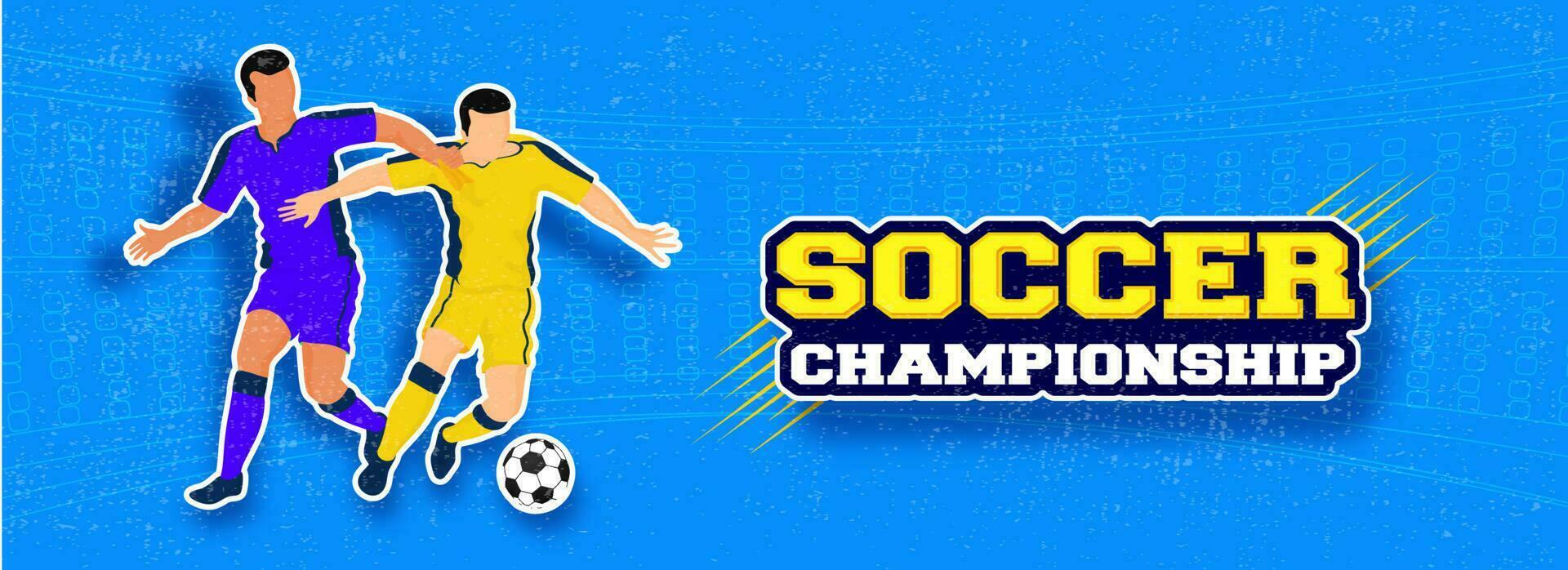 Soccer Championship text with footballers character in sticker style on blue background. Can be used as header or banner design. vector
