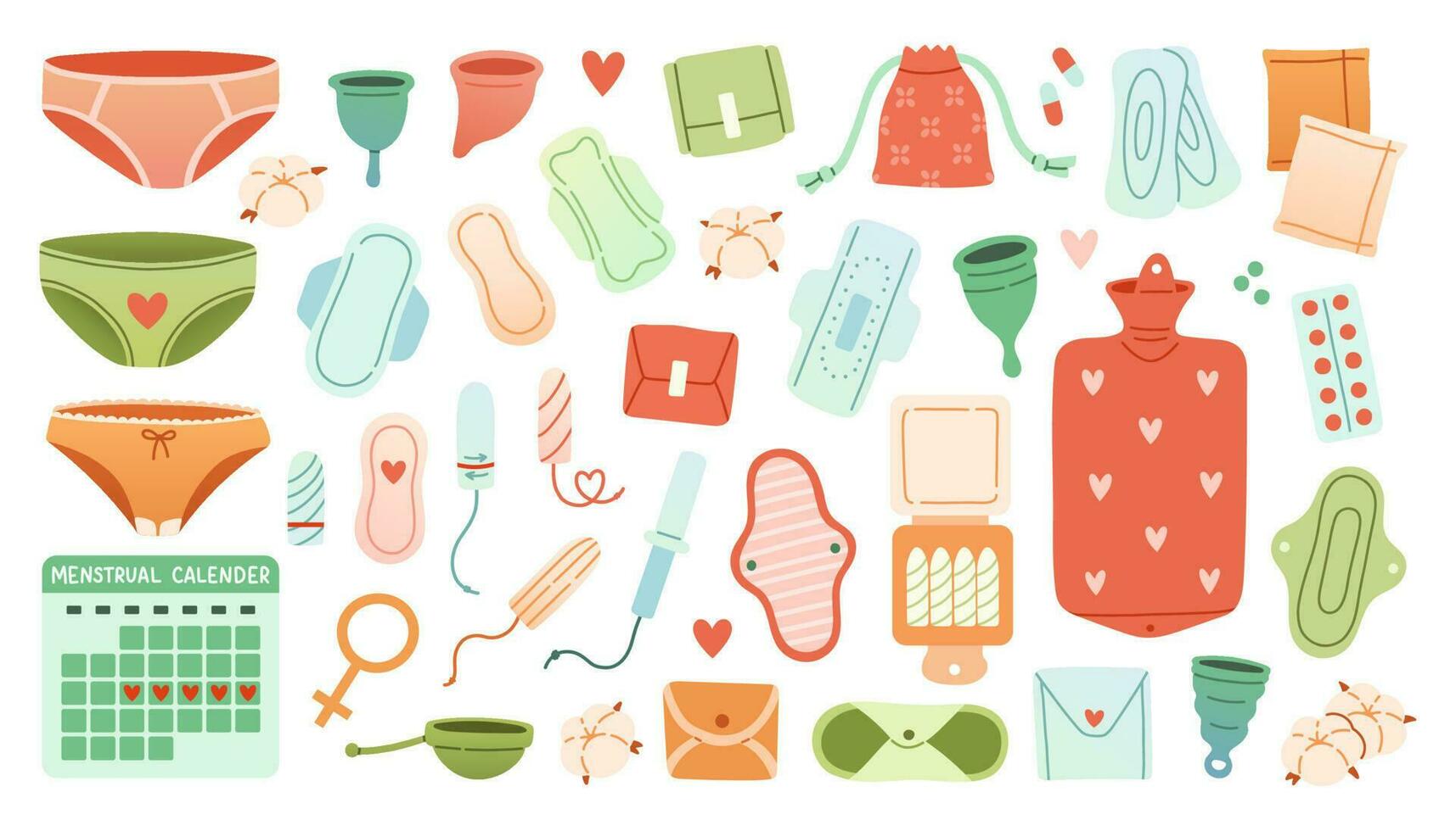 Hand drawn menstrual periods set tampon, pads, menstrual cup. Female regular menstrual cycle concept. Menstrual period, menstruation, premenstrual syndrome, ovaries vector illustration