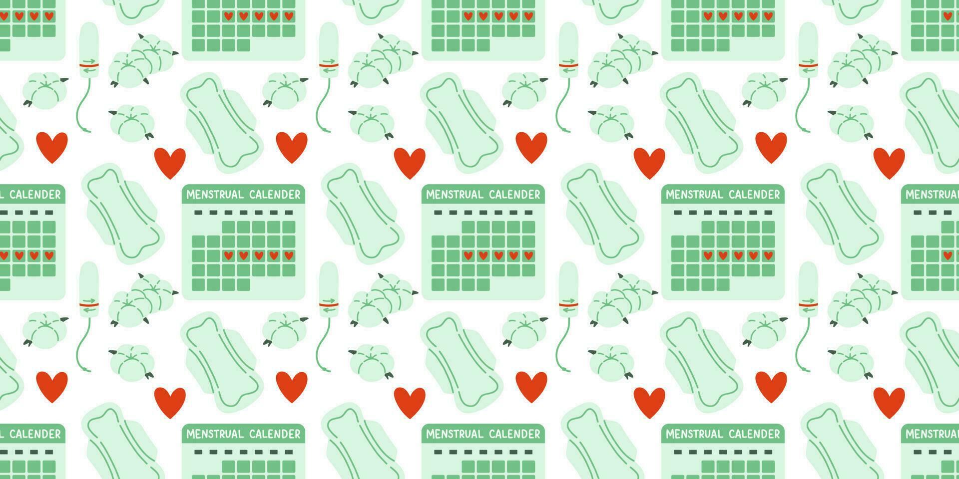 Menstrual periods seamless pattern tampon, pads, menstrual cup. Female regular menstrual cycle concept. Menstrual period, menstruation, premenstrual syndrome, ovaries vector illustration