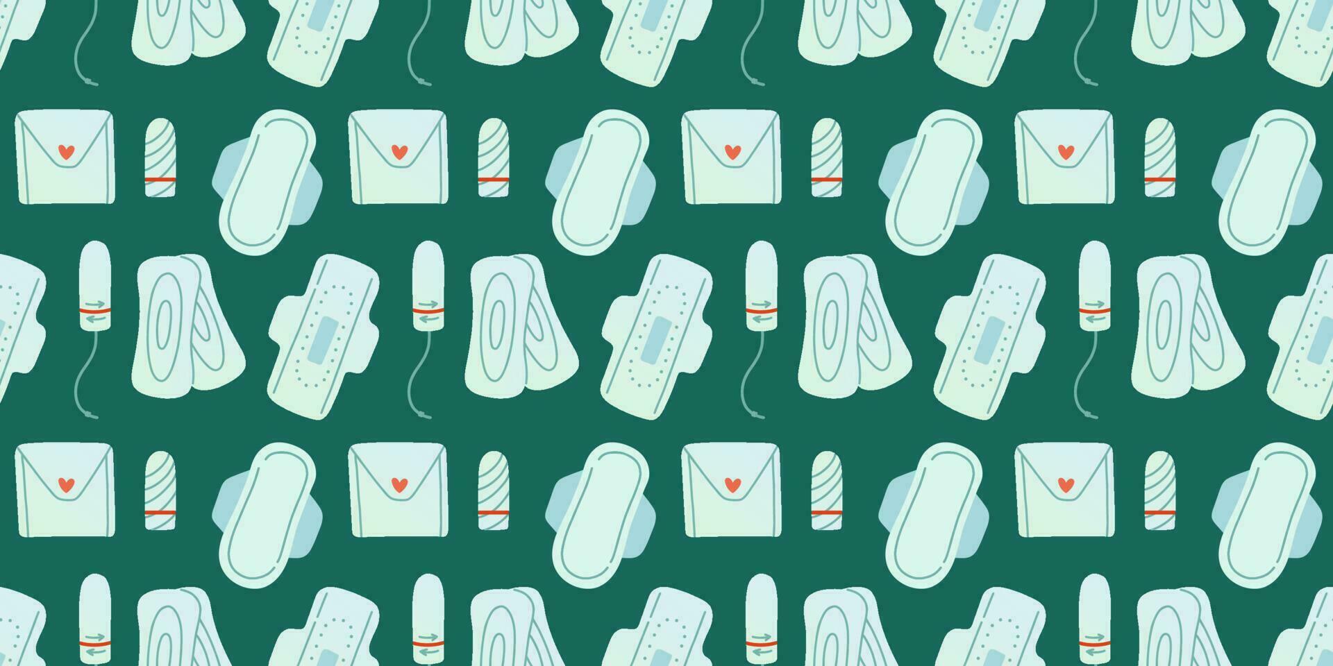 Menstrual periods seamless pattern tampon, pads, menstrual cup. Female regular menstrual cycle concept. Menstrual period, menstruation, premenstrual syndrome, ovaries vector illustration