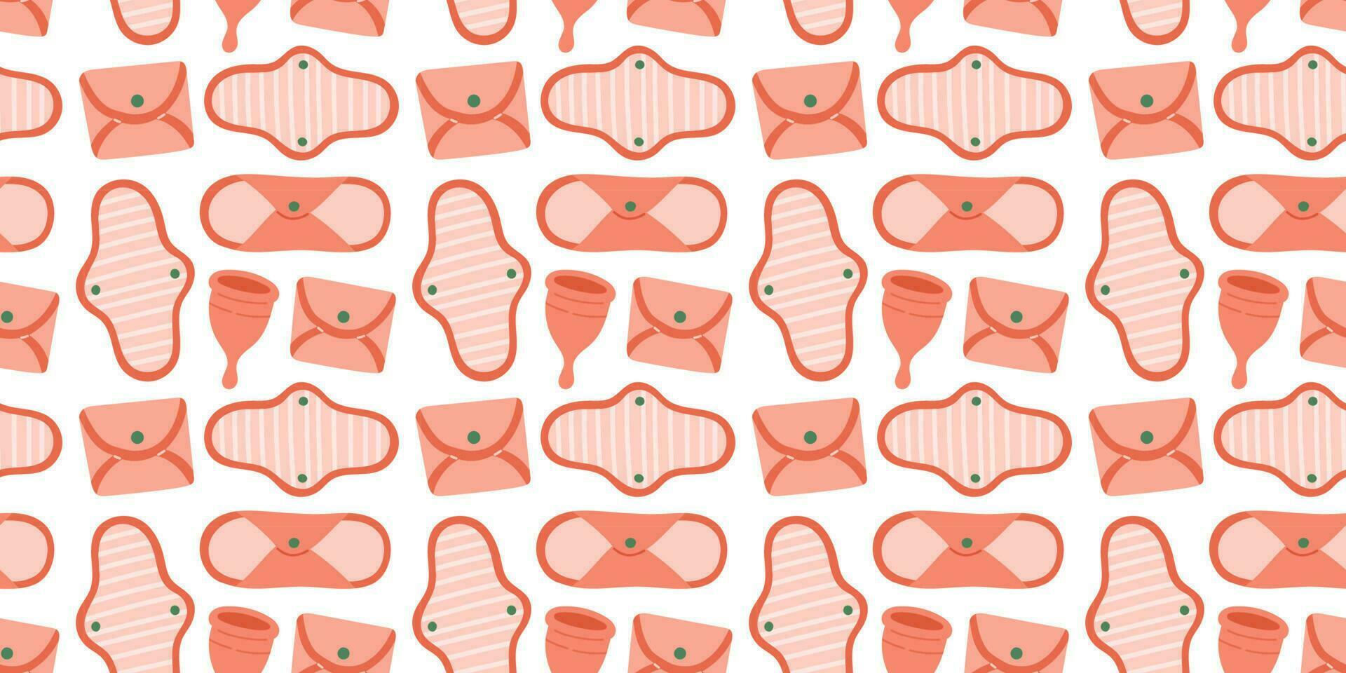 Menstrual periods seamless pattern tampon, pads, menstrual cup. Female regular menstrual cycle concept. Menstrual period, menstruation, premenstrual syndrome, ovaries vector illustration