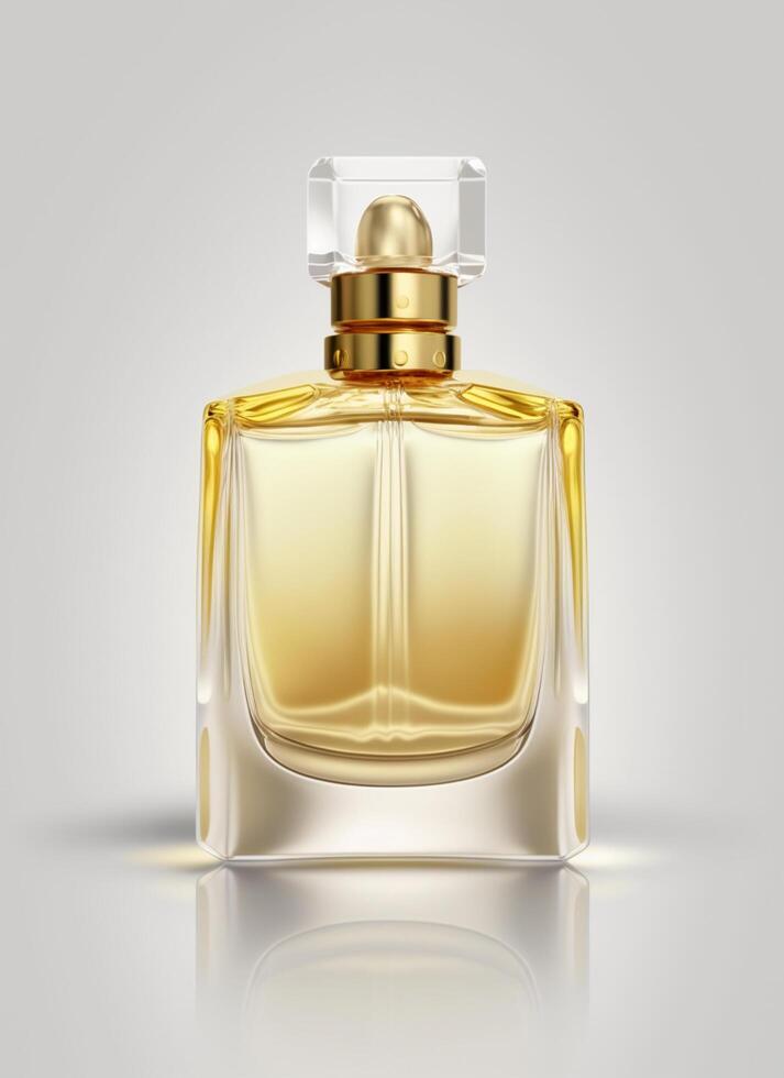 A high class bottle of glass perfume with yellow liquid. Aromatic perfume bottles on white background. For beauty product, cosmetic, perfume day, fragrance day or perfume launch event by photo