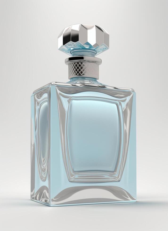 A high class bottle of glass perfume with light blue liquid. Aromatic perfume bottles on white background. Beauty product, cosmetic, perfume day, fragrance day or perfume launch event by photo