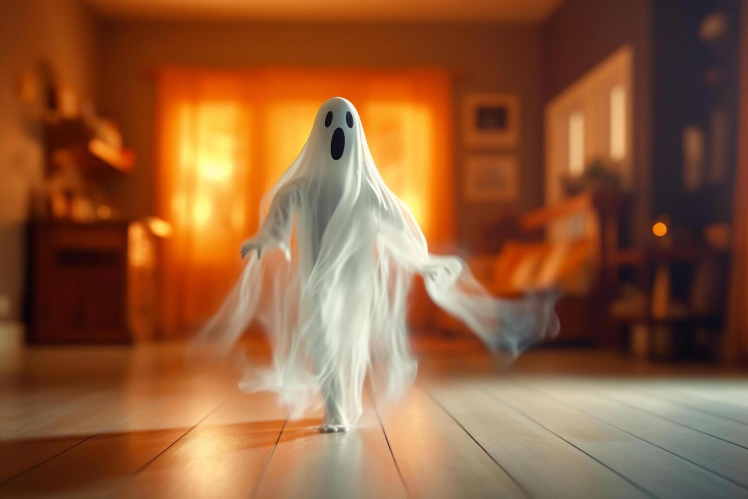 Human in spooky ghosts costume flying inside the old house or forest at night. Spooky halloween background with ghost. Ghost on halloween celebration concept by photo