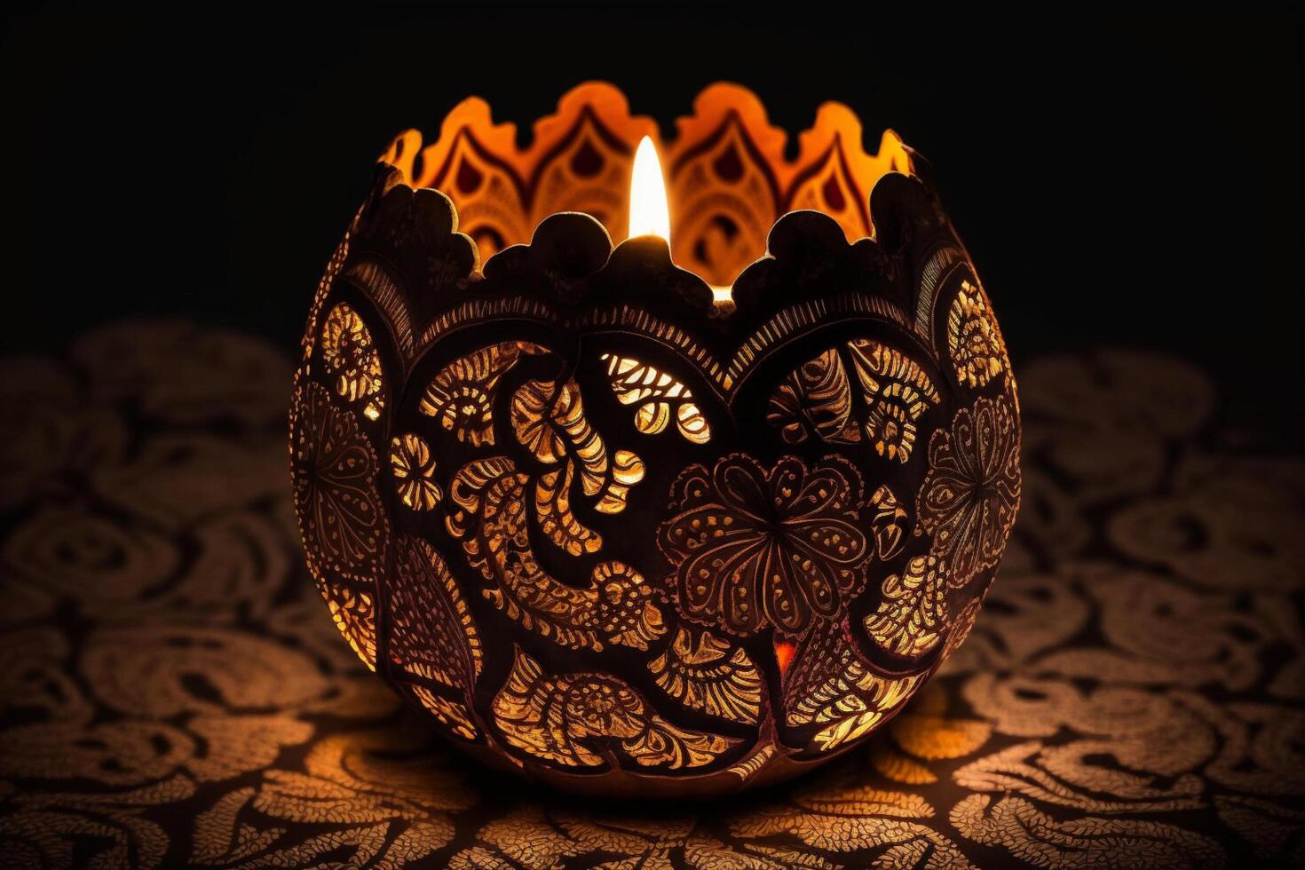 Happy diwali or deepavali traditional indian festival with clay diya oil lamp. Indian hindu festival of light symbol with candle and light. Clay diya lamp lit during diwali celebration by photo