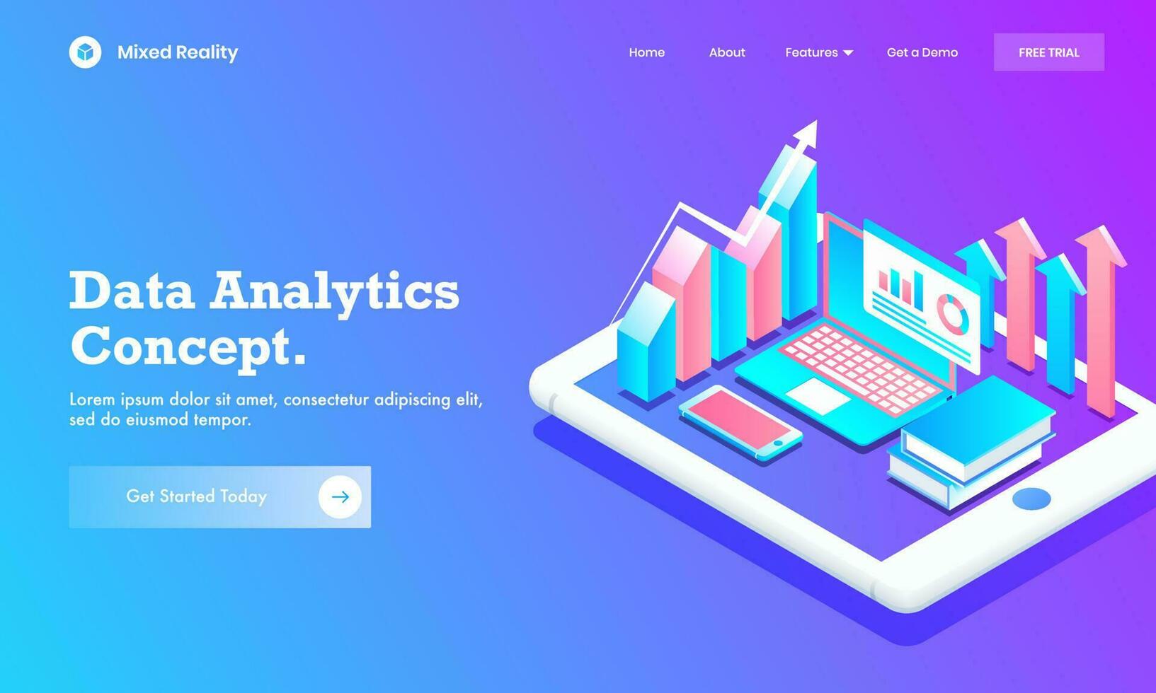 Isometric infographic graph chart with laptop, book and mobile on tablet screen for Data Analytics concept website poster or landing page design. vector