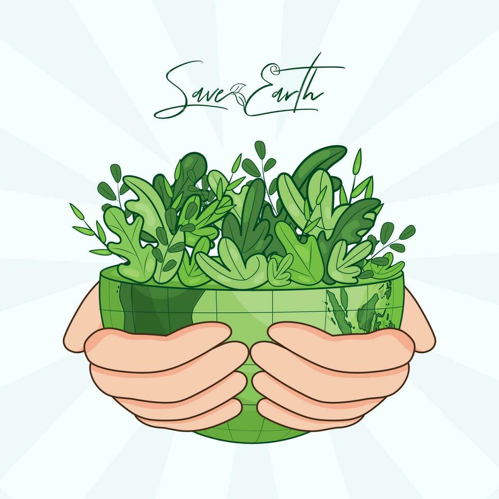 Human hand holding eco half planet on white rays background for Save Earth concept. vector